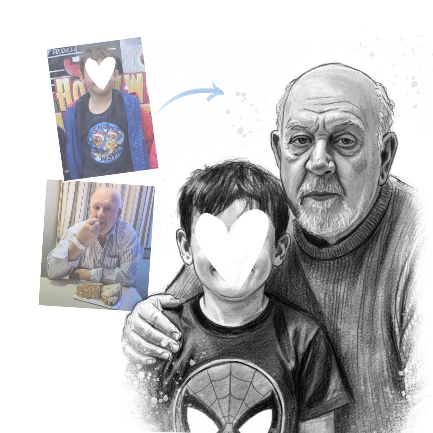 Vorher Nachher personalisierte Zeichnung aus Fotos - Familienportrait Vara Artwork
